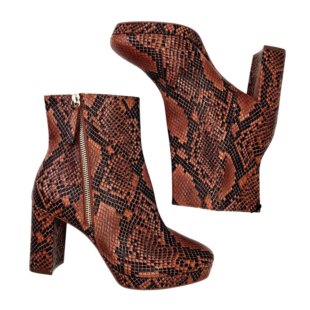 H&M Brown Black Snake Print Ankle Boots Platform Block Heel Bootie Women's 8